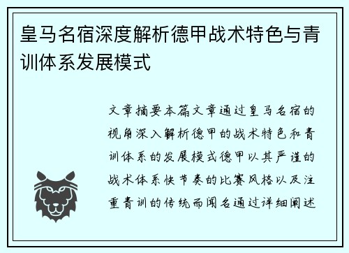 皇马名宿深度解析德甲战术特色与青训体系发展模式