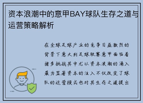 资本浪潮中的意甲BAY球队生存之道与运营策略解析