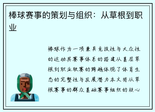 棒球赛事的策划与组织：从草根到职业